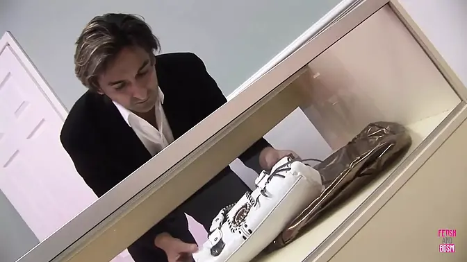 Naughty salesman sells shoes and licks his busty blonde vixen customer's pussy