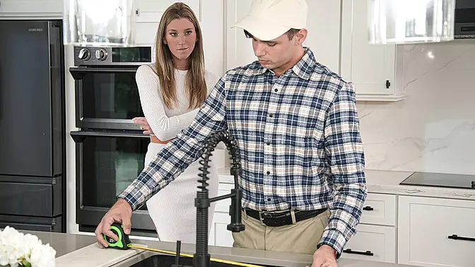 Naughty wife rides handyman's cock like a cum slut