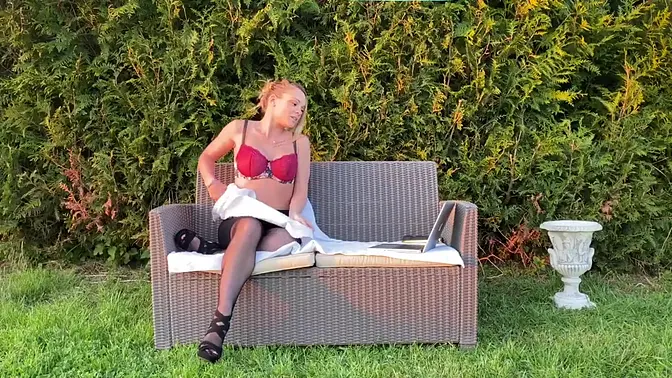 Neighbor catches woman playing with her big boobs in the garden