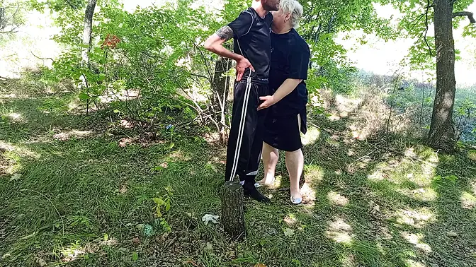 Neighbor's mom gives public blowjob in the park
