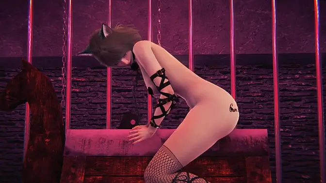 Neko girl tied up, rides wooden horse and cums