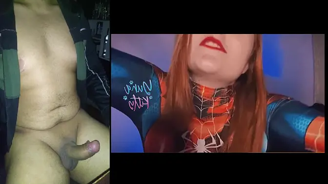 Nerdy girl in Spider Woman cosplay dominates with big cock