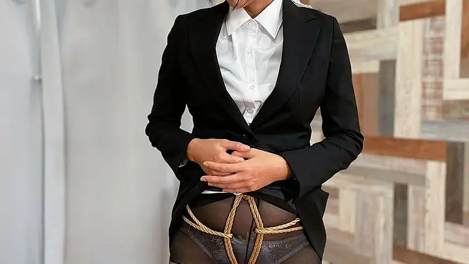 Office lady pleasures herself with a rope digging into her crotch