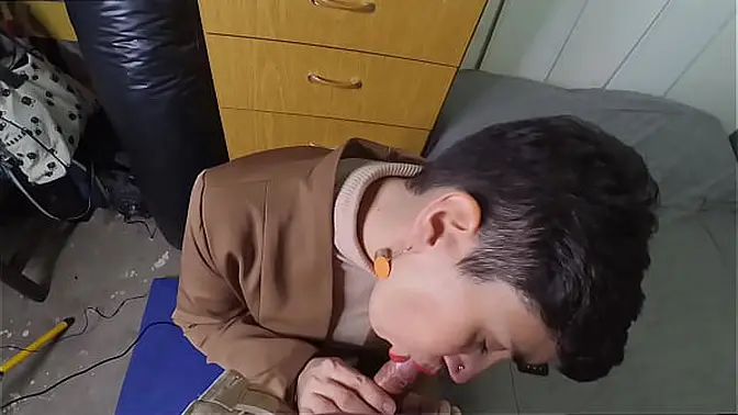 Office worker's cute face coated in cum