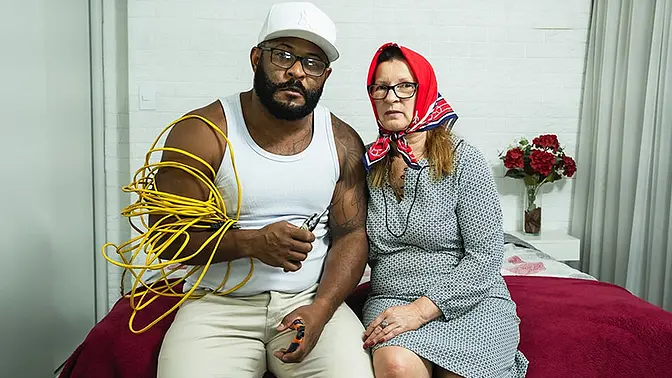 Old but still eager, black grandma gets her deep ass fucked by a horny electrician