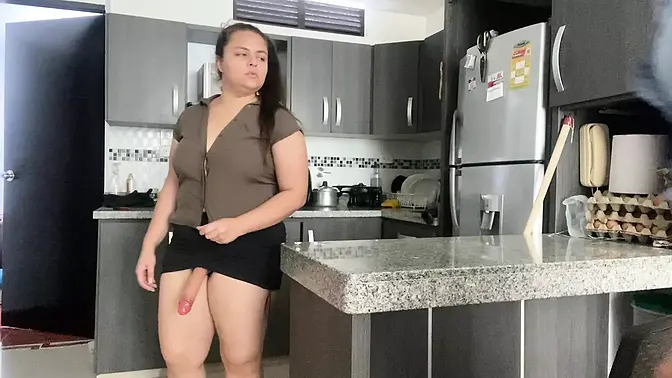 Older babysitter fucked with strap-on in the kitchen