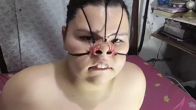 Perfect sloppy face fuck with nose hooks and cum on her throat