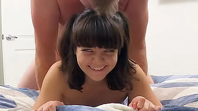 Petite Asian brunette gets her ass stretched out