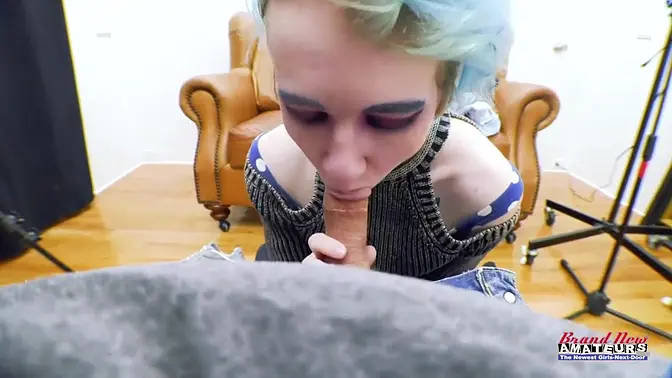 Petite blonde Raven finger fucks herself and sucks cock