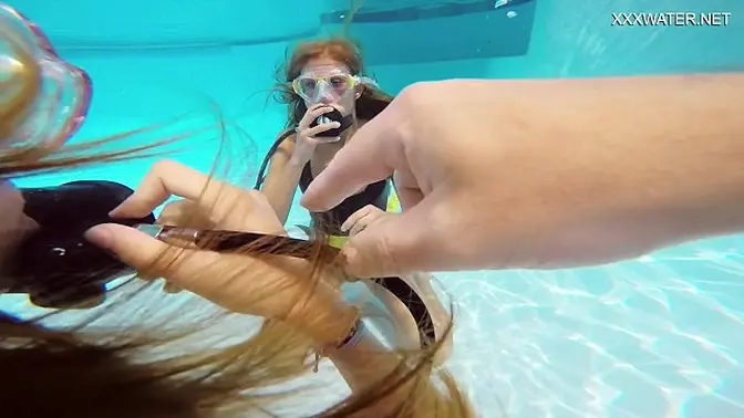Petite blonde's poolside underwater session