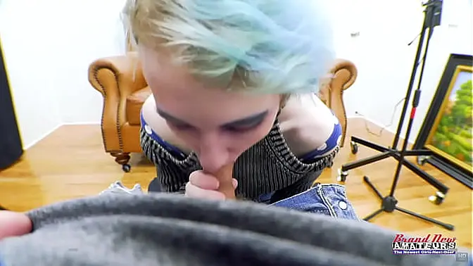 Petite blonde with shaved hair fingers her wet twat and sucks a thick cock