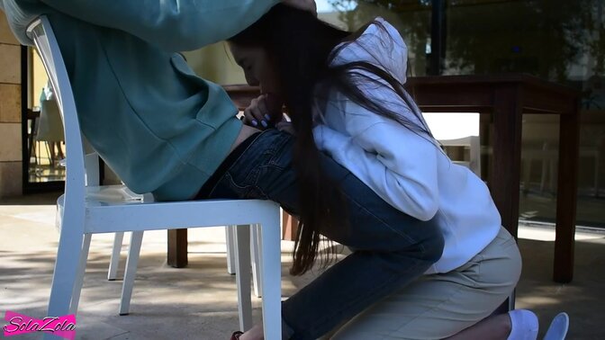 Petite brunette babe gives an intense POV blowjob outdoors