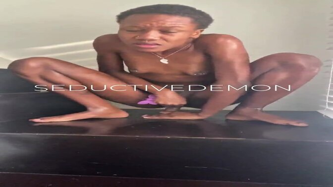 Petite ebony babe rides her dildo until she squirts