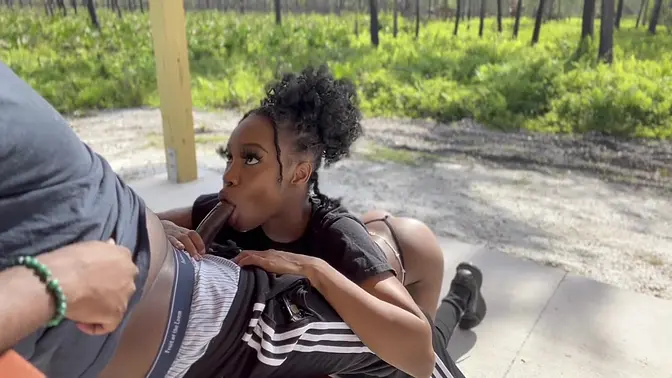 Petite ebony rides BBC and gives a creamy squirt in public park