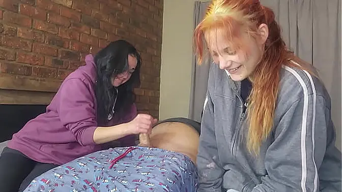 Petite girls worship my huge cock in a hot FFM threesome