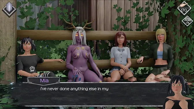 Petite teen pleases harem in Mist game