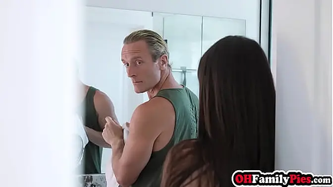 Petite teen with round ass swallows big dick in foursome