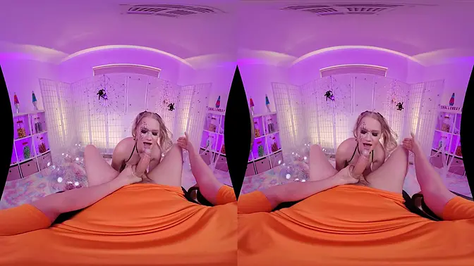 Petite VR babe Harley King gags on cock and swallows