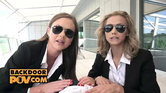 POV - Two hot cop-themed babes share cock in a police threeway