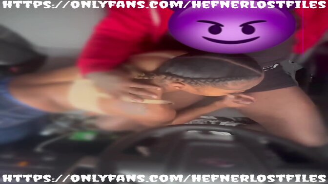 Pretty ebony slut gives a hot blowjob under the ceiling while her couple