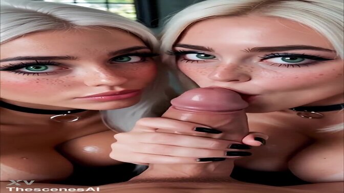Preview Teaser | Exclusive AI Two Busty Blonde Goth teens sucking a big dick POV Double Blowjob