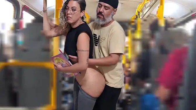 Public bus ride ends with a messy cumshot for slutty student