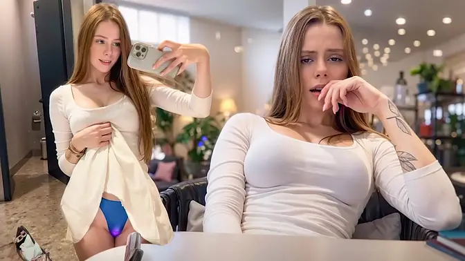 Public toilet tryst with long-haired beauty