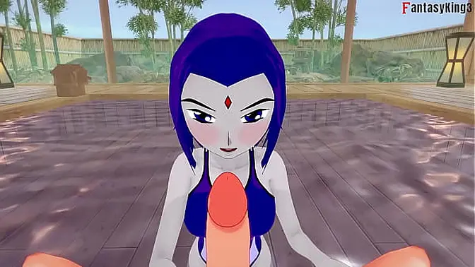 Raven in a bikini gives a blowjob with big bust