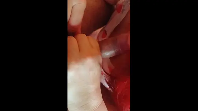 Red-haired BBW MILF sucks cock hard before getting fucked well