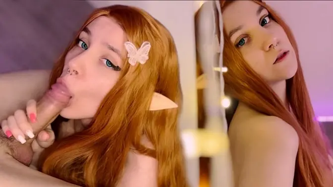 Red-haired elf girl gives a POV blowjob and gets a facial