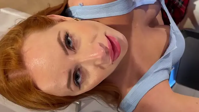 Redhead housewife teases plumber with no panties skirt before taking big cock