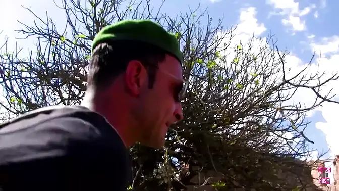 Redhead slut rides soldier in cowgirl position on the mountain