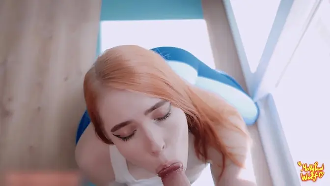 Redhead stepsister gives sloppy blowjob in sports training