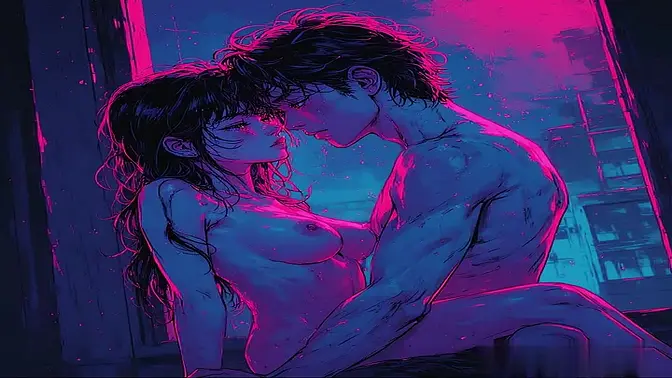 Retro Charm Neon Anime 3D Art Featuring Female Character and Male Characters Fucking