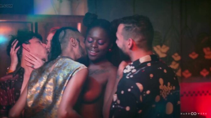 Reverse cowgirl gives a hot, sloppy blowjob in a horny love scene on set