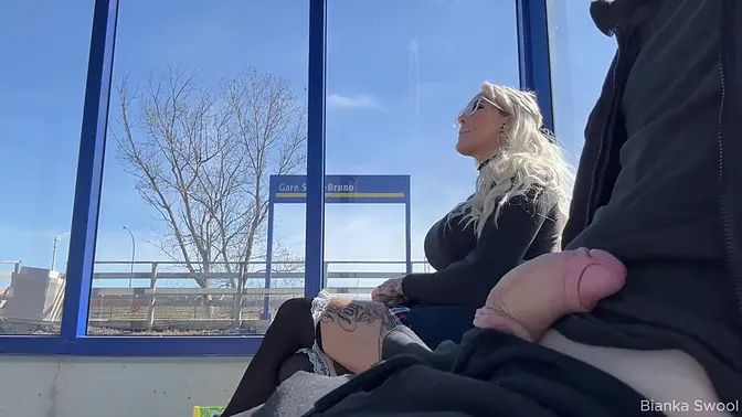 Risky public blowjob ends with cum on glasses