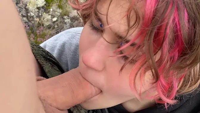 Russian girl with short hair gives standing fuck and blowjob