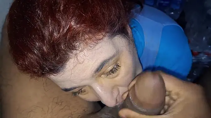 Sexy babe gives me a blowjob in the warehouse before leaving work