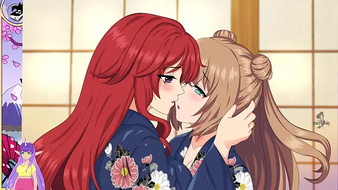 Sexy Blonde & Redhead Lesbian Idol Kissing in Hot Spring