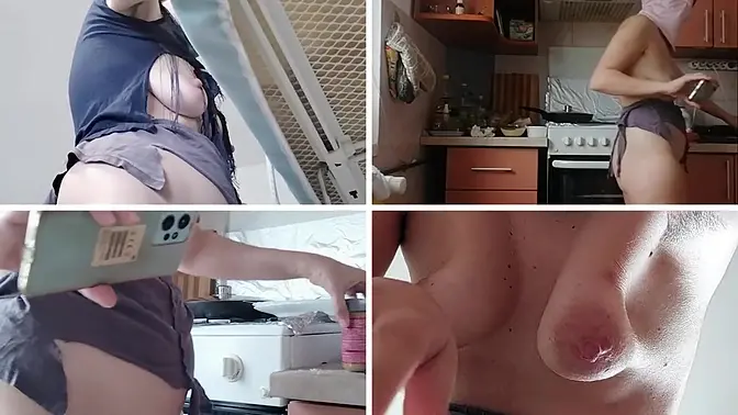 Sexy hairy brunette wife teases with big tits and shaves her pussy