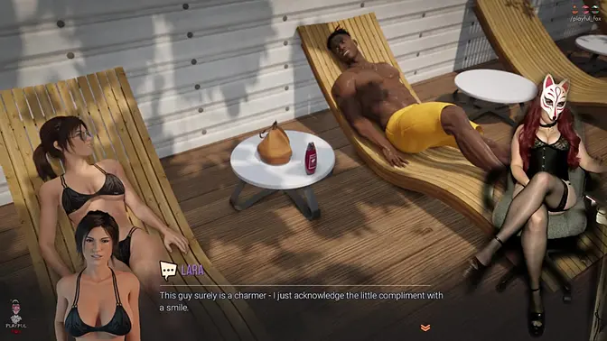 Sexy MILF Lara Croft in a public stocking tease