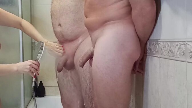 Sexy MILF loves double cock sucking