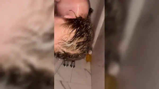 Sexy redhead wife gives sloppy shower blowjob and footjob