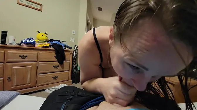 Sexy wife prevents husband from going to work until she drains him completely and swallows