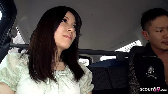 Shy Japanese teen Madoka Araki seduced in car, sucks stranger's cock