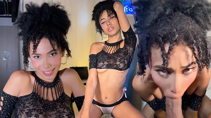 Skinny 18 year old Latina fitness model gives a wild no-hands blowjob