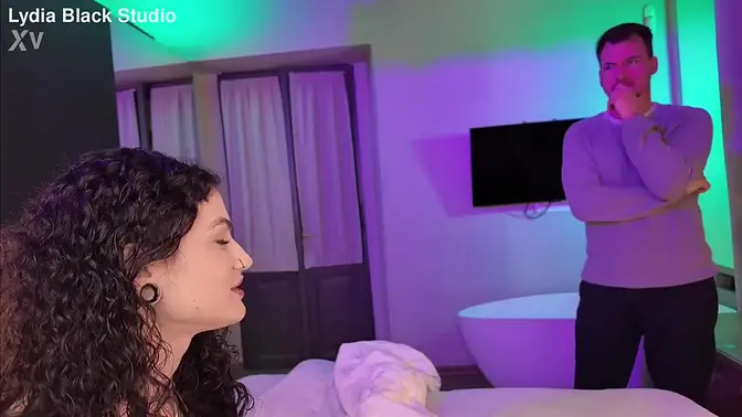 Skinny brunette gets her cock rubbed and huge cumload while filming POV