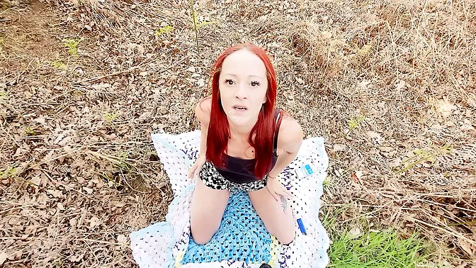 Skinny girl gets huge cock in outdoor forest blowjob