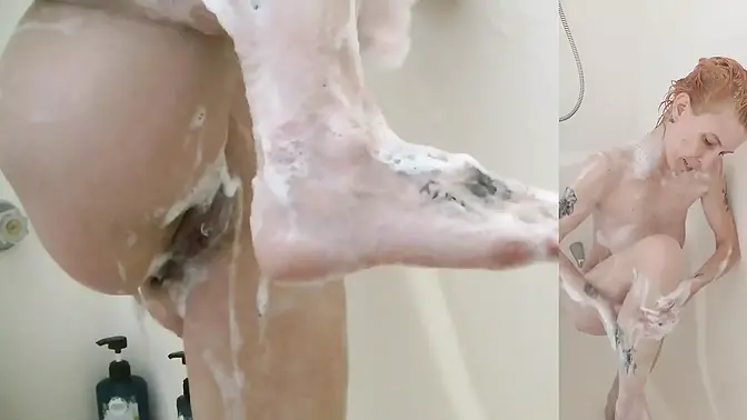 Skinny girl masturbates with a hairbrush in the shower