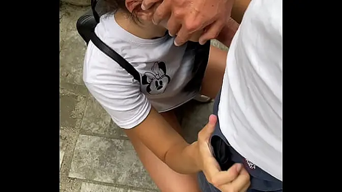 Skinny teen brunette flashes big tits and gives deepthroat blowjob